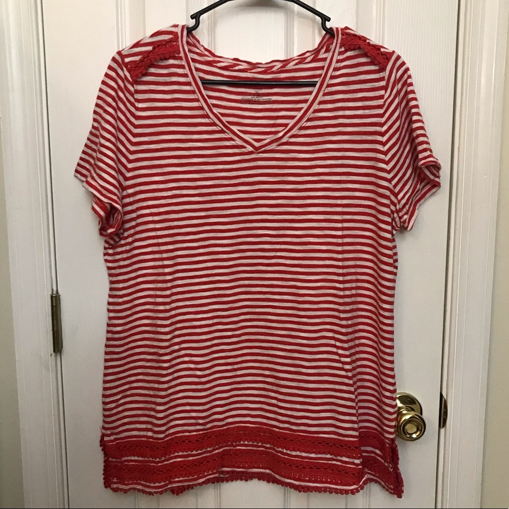 Talbots Woman 2X Red & White Stripe Top V Neck